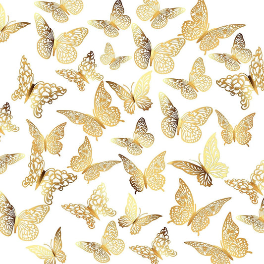 48pcs 3D Butterfly Wall Decor 4 Styles 3 Sizes, Gold Butterfly Decorations for Butterfly Birthday Party Cake Room Decorations